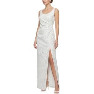 Adrianna Papell Metallic Sleeveless Long Column Gown White and Gold Size 4 Dress